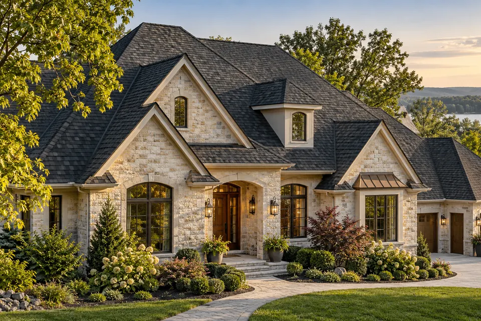 Light stone home with a broad charcoal shingle roof and mature trees