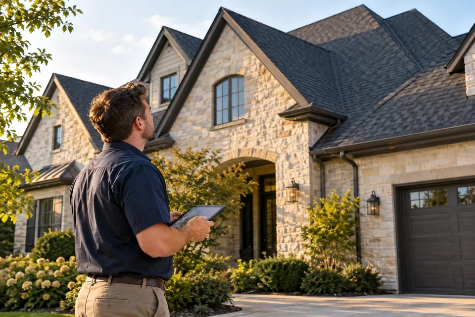 Professional inspecting a residential roof from the ground
