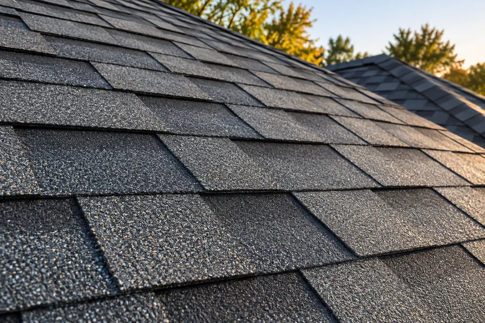Close detail of layered architectural asphalt shingles