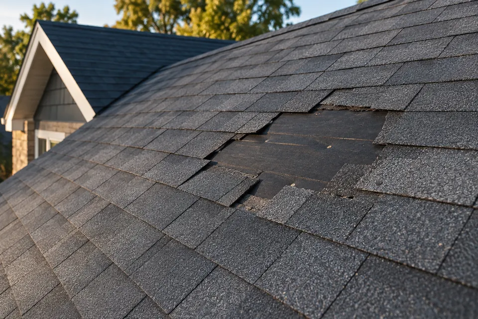 Localized missing shingles in an otherwise intact roof